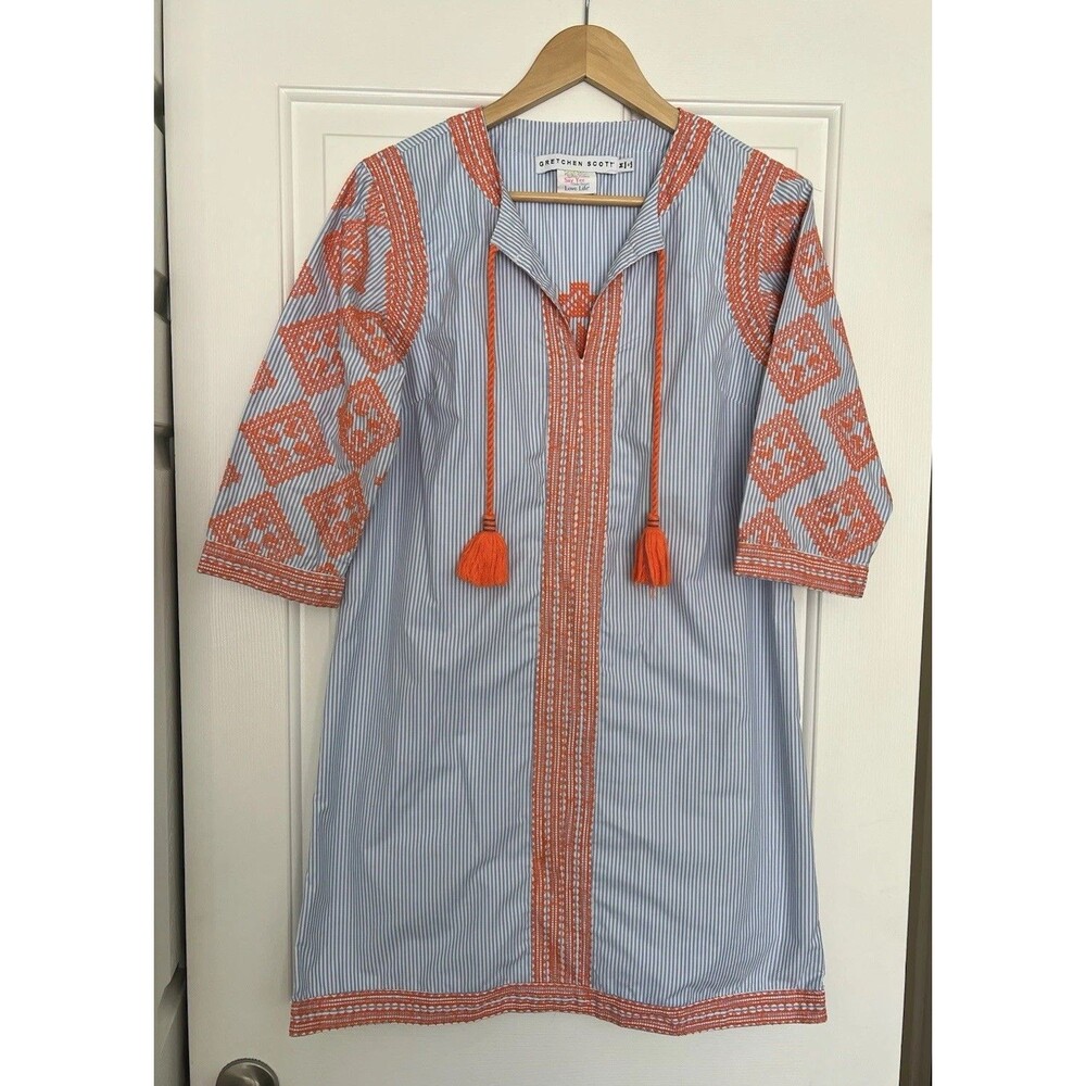 Gretchen Scott Oneida Tunic Dress in blue and white Size Medium Embroidered